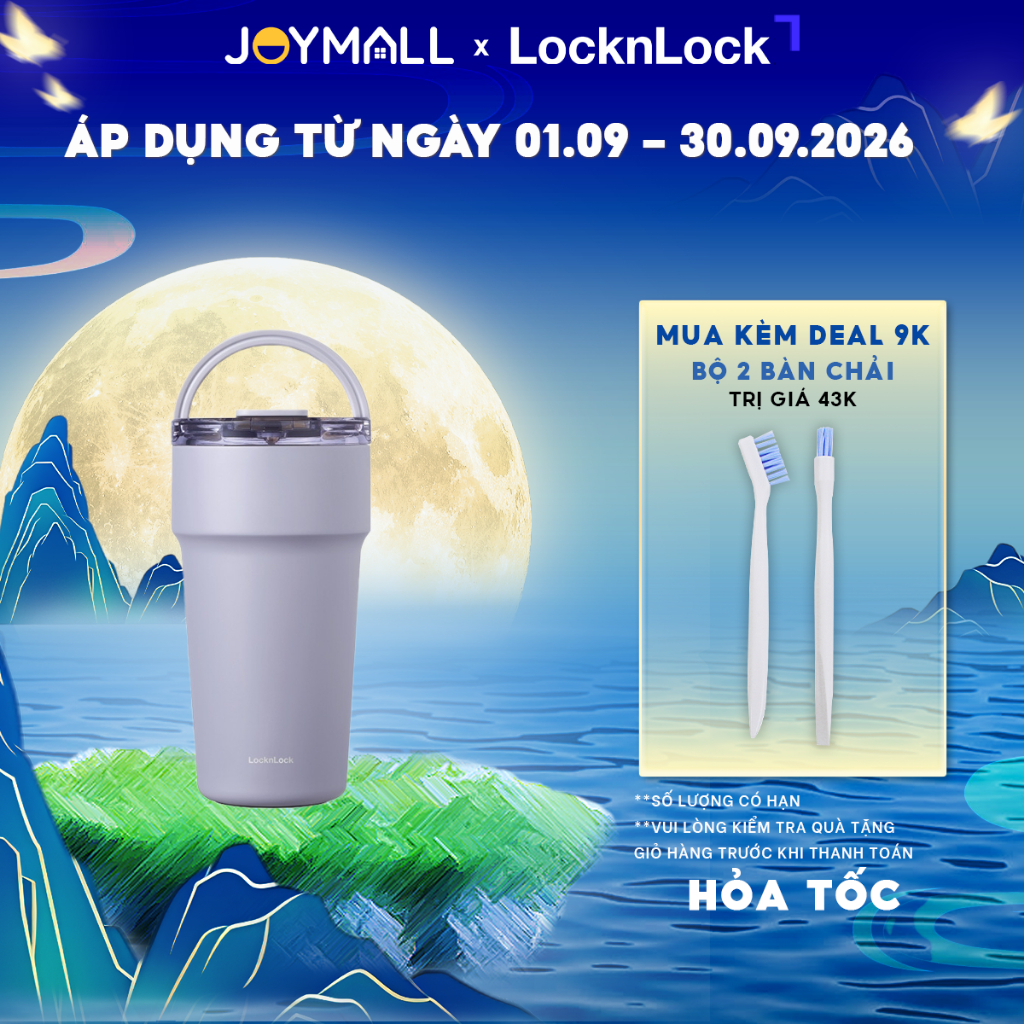 Bình Giữ Nhiệt Phủ Sứ LocknLock LHC4416GRP 710ml, LHC4419GRP 900ml Màu Tím, Có Ống Hút, Quai Xách -JoyMall