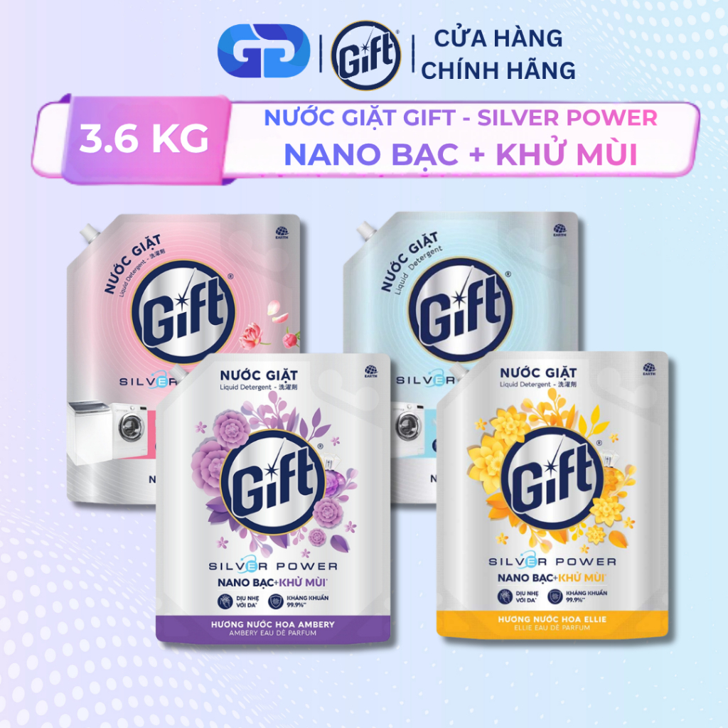 Nước Giặt Gift Nano Bạc Khử Mùi 3.6KG  Silver Power, Ambery, Ellie, Nắng Xuân, Nắng Mới
