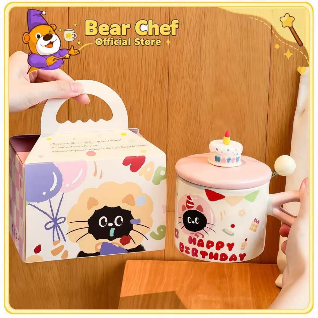 Quà tặng cốc sứ Ly sứ có nắp hình Chú Mèo Sinh Nhật 380ml có hộp quà thích hợp làm quà tặng có muỗng chất lượng cao cấp