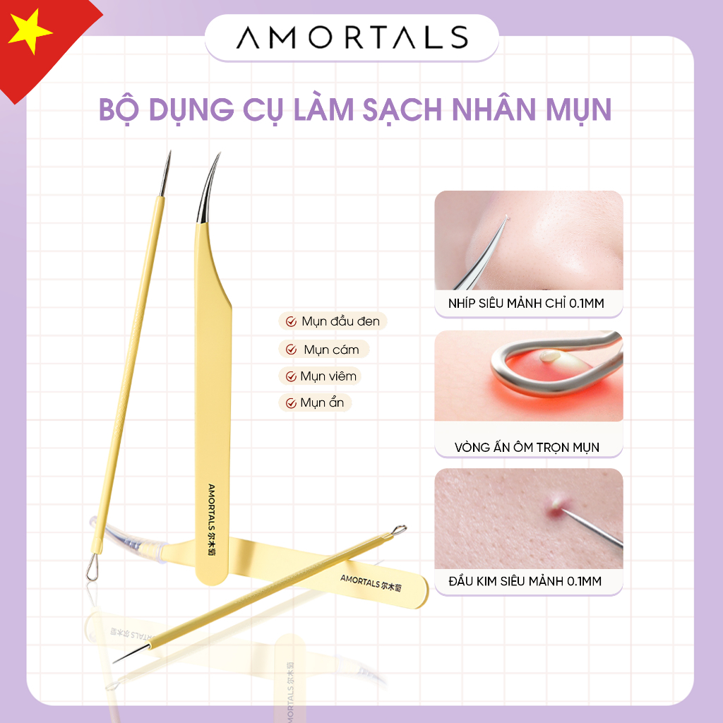 Bộ Nhíp Lấy Nhân Mụn AMORTALS Gồm Nhíp Gắp & Cây Nặn Mụn, Thiết Kế Thép Không Gỉ, Có Hộp Đựng