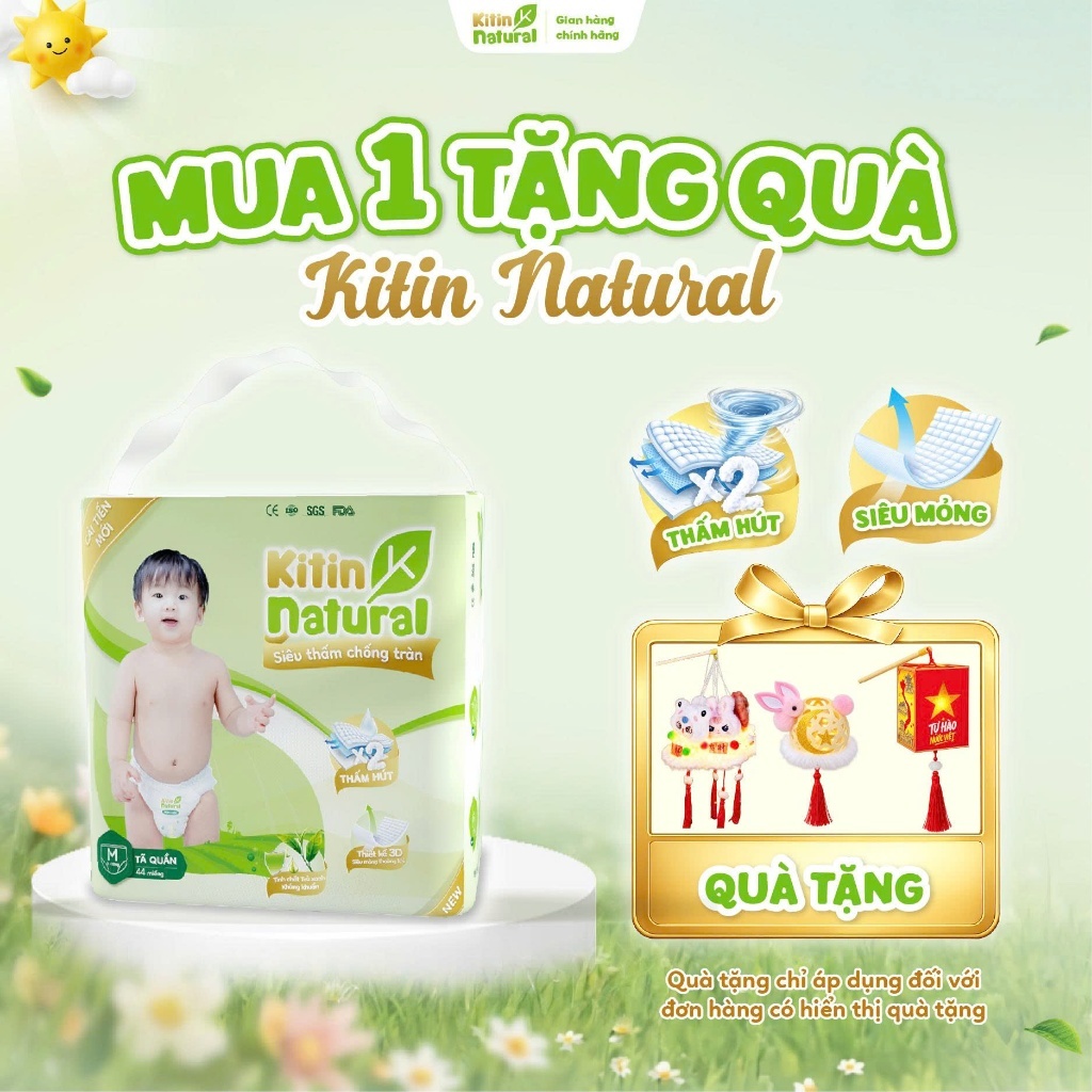 Tã/Bỉm quần dán Kitin Natural size NB56/S50/M44/L40 siêu mỏng thoáng, thấm hút lên tới 1100ml