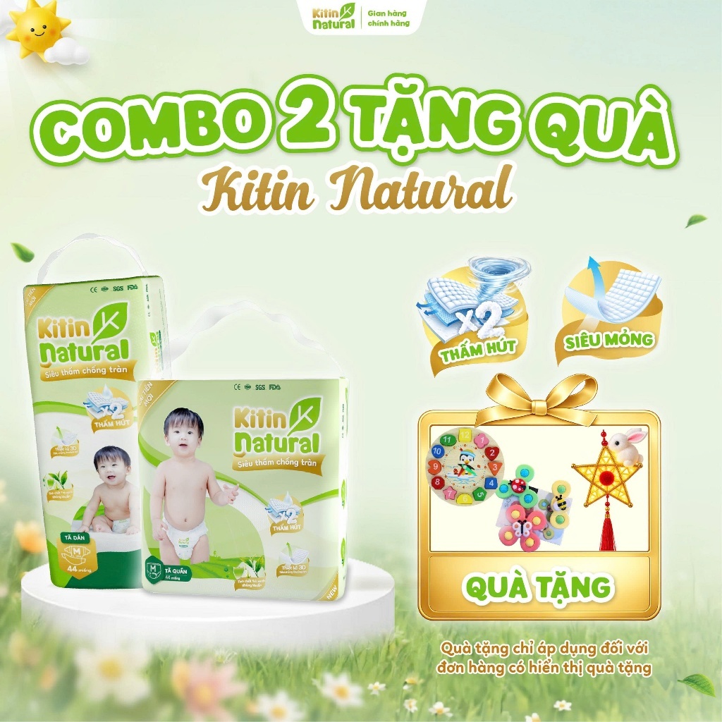 Combo 2 bịch tã/bỉm Kitin Natural tinh chất trà xanh đủ sz cho bé size NB/S/M/L/XL/XXL/XXXL