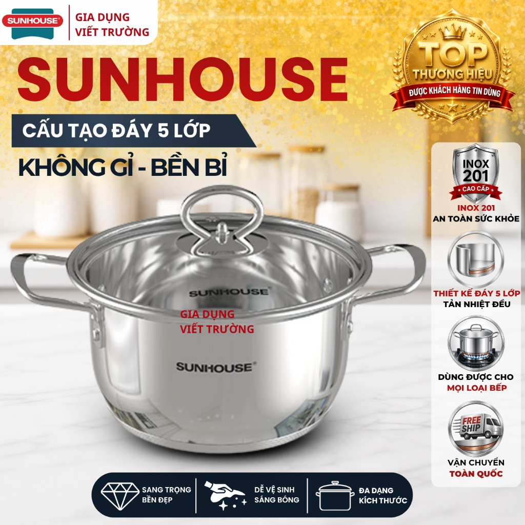 Nồi inox 5 đáy Sunhouse SHG788 Hàng chính hãng dùng được mọi loại bếp