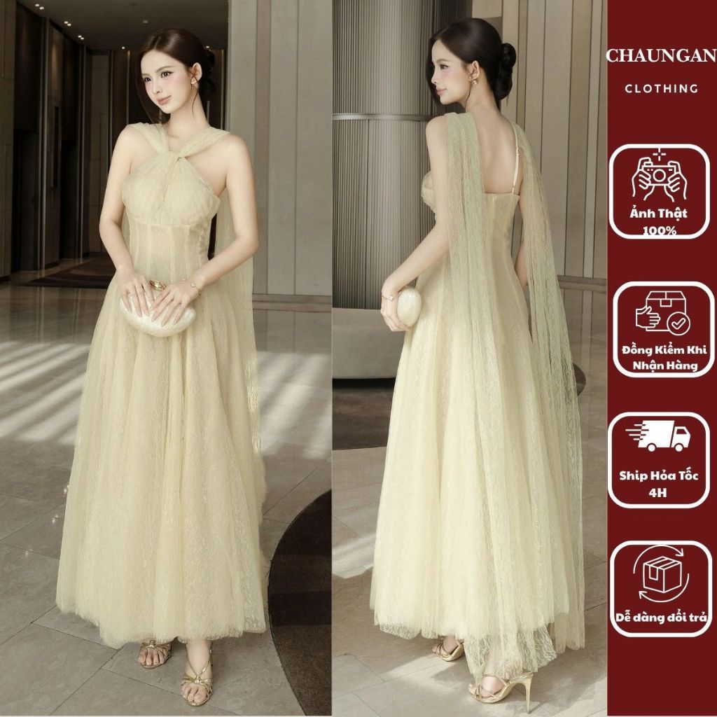 Đầm Maxi Dạ Hội Cúp Ngực Corset Phối Khăn Choàng Tơ Ánh Kim / Váy Maxi Cổ V Xẻ Ngực Choàng Vai Lộng Lẫy Đi Tiệc