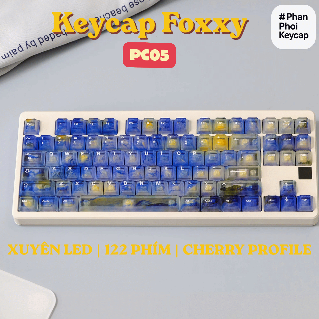 PC05 | Keycap trong suốt Vangogh Foxxy | Xuyên led | ABS PC doubleshot | 122 nút bàn phím cơ | cherry profile