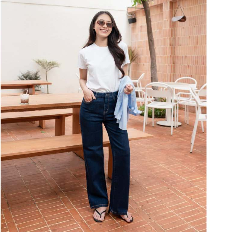Quần Jean Ống Suông Đứng, Phom Rộng Vừa, Xanh Đậm Trơn Co Giãn, FLSJ.3 Classy Loose Jeans