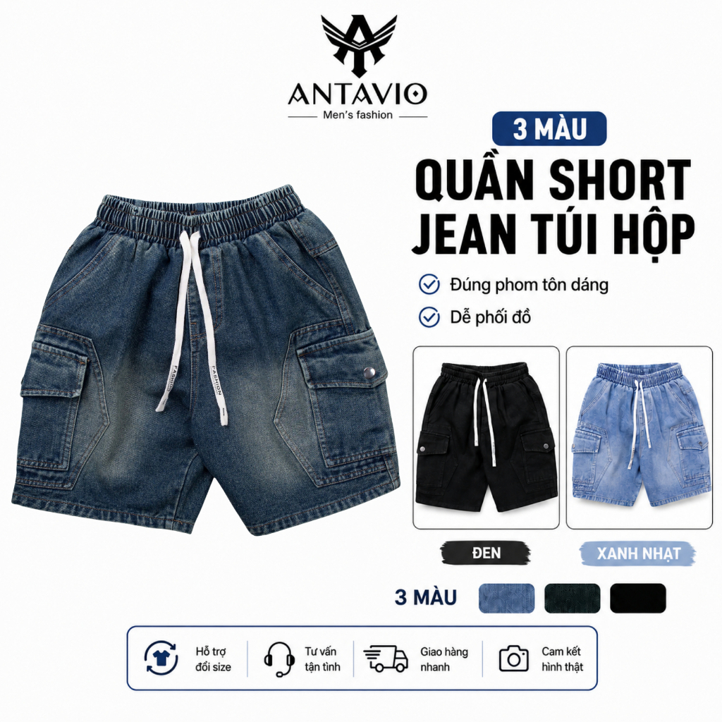 Quần Short Jean Túi Hộp ANTAVIO Quần Bò Lửng Thiết Kế Túi Hộp Chất Vải Jean Mềm 3 Màu 45-90KG 2683