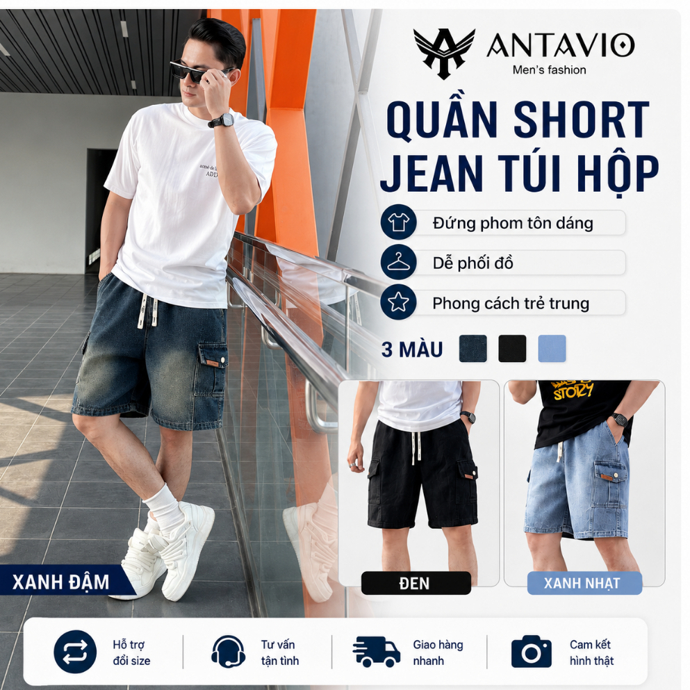 Quần Short Jean Túi Hộp,Quần Jean  ANTAVIO  Thiết Kế Túi Hộp Thời Trang 3 Màu M-3XL 45-90 kg 2685
