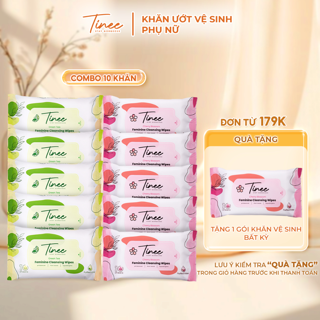 Combo 10 Gói Khăn Giấy Ướt Vệ Sinh Phụ Nữ Tinee Dịu Nhẹ Và Hạn Chế Nấm Khuẩn (10 tờ/ gói)