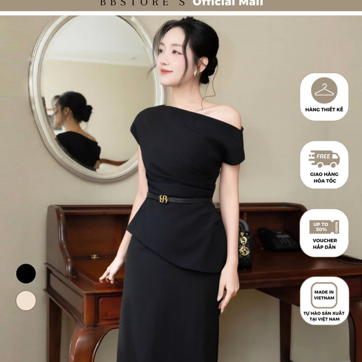 BBSTORE'S Áo Kiểu Tiệc Nữ Xốp Dập Lệch Vai Peplum Nhún Eo Sang Chảnh A4317B - Chân Váy Dài Dự Tiệc Xòe Đuôi Cá V4318B