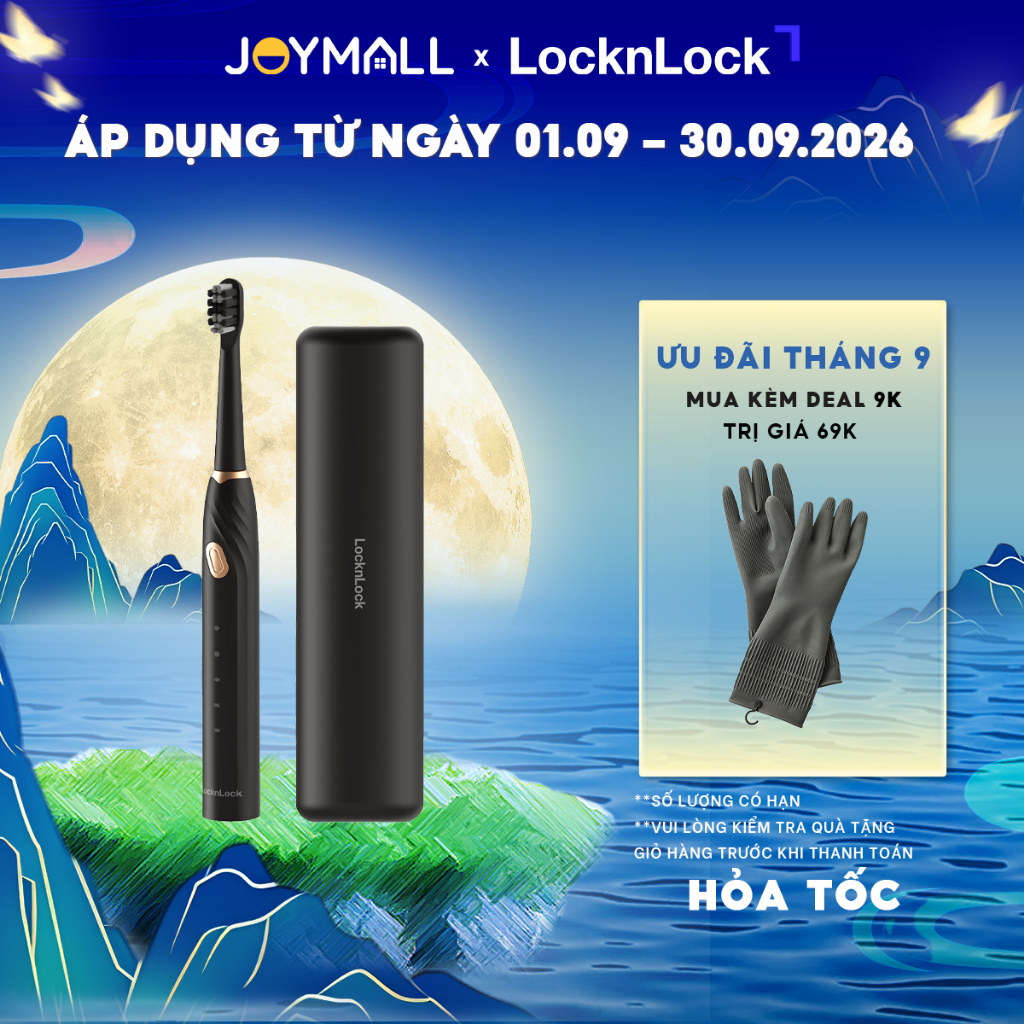 Bàn chải điện LocknLock ENR321BLK kèm hộp, Hàng chính hãng, 5 chế độ, có 4 đầu bàn chải - JoyMall