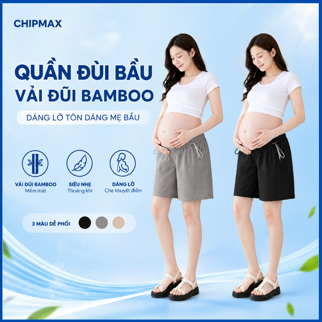 Quần Đùi Bầu Vải Đũi Bamboo Hiện Đại Thoáng Mát Có Chun Chỉnh Bụng Hai Bên Mặc Bầu Và Sau Sinh -QB16