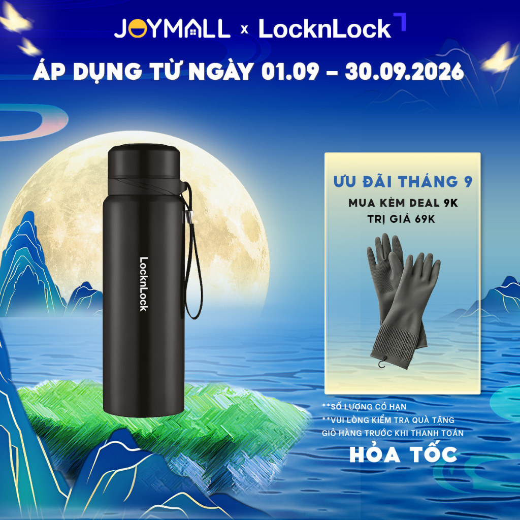 Bình giữ nhiệt LocknLock 800ml LHC6180BLK màu Đen, Hàng chính hãng, lưới lọc trà, dây treo- JoyMall