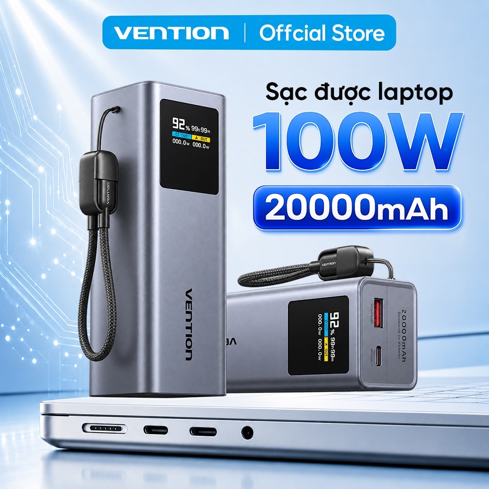 Pin Sạc Dự Phòng 20000mAh 100W Vention,Cáp USB-C Tích Hợp,  Sạc Nhanh PD Cho Điện Thoại Laptop MatBook, Màn Hình TFT