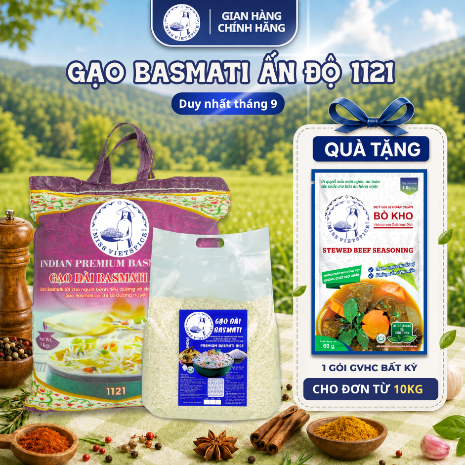 Gạo dài Basmati 1121 Miss Vietspice đường huyết thấp, gạo dài Ấn Độ ăn kiêng tốt cho người tiểu đường