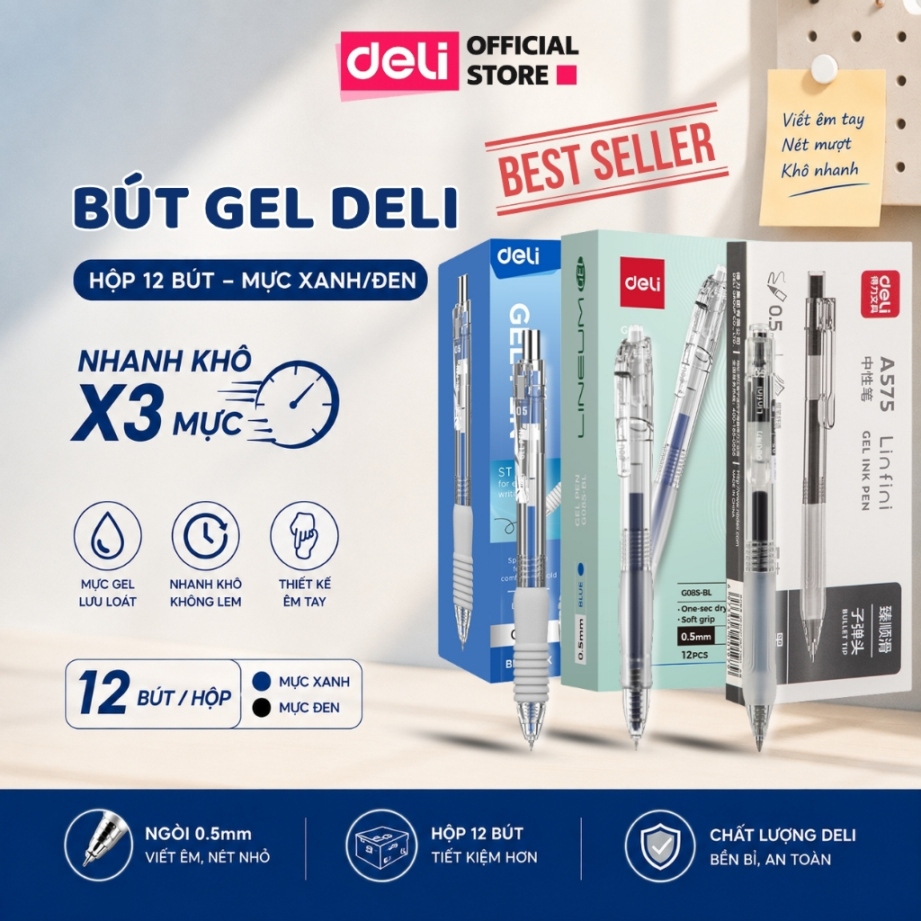 Hộp 12 Bút Gel Bấm Deli A575 Mực Xanh Đen Ngòi 0.5mm Nhanh Khô Viết Trơn Cho Học Sinh Văn Phòng