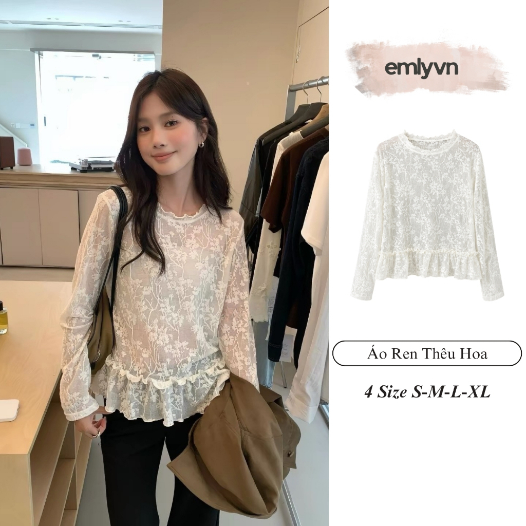 EMLY - Áo Ren Nữ Dài Tay Thêu Hoa Cổ Tròn Chun Bèo, Áo Ren Hoa Mùa Thu Đông Cực Xinh Hàn Quốc