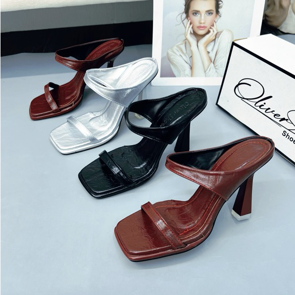 Guốc Nữ Cao Gót 7cm 9cm Mũi Vuông 2 Quai Da Nhăn - Dép Cao Gót Đi Tiệc Sang Chảnh NP Shoes