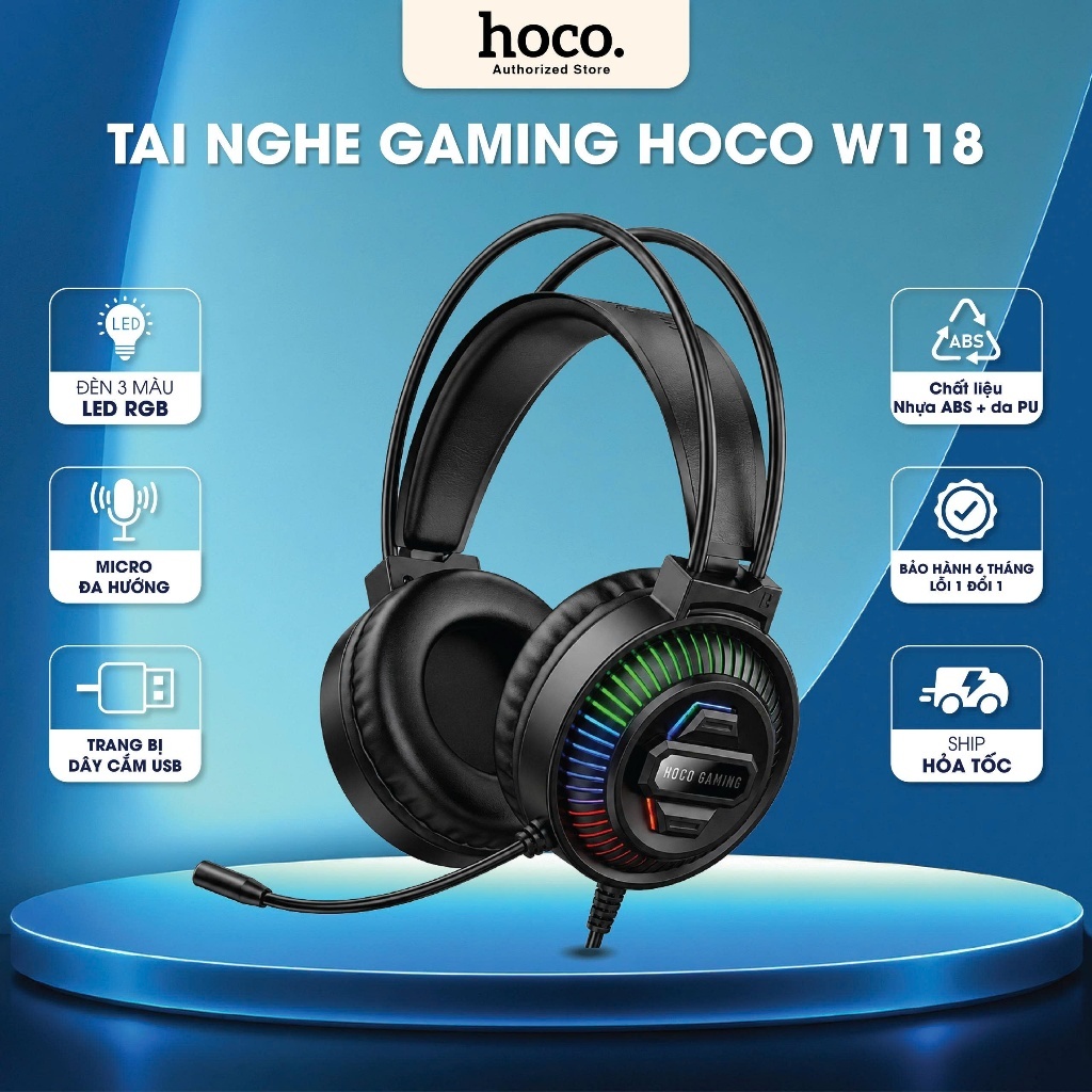 Tai nghe Gaming Hoco W118 chính hãng có mic, đèn LED RGB 3 màu, loa 40mm âm thanh sống động, thiết kế chụp tai êm ái