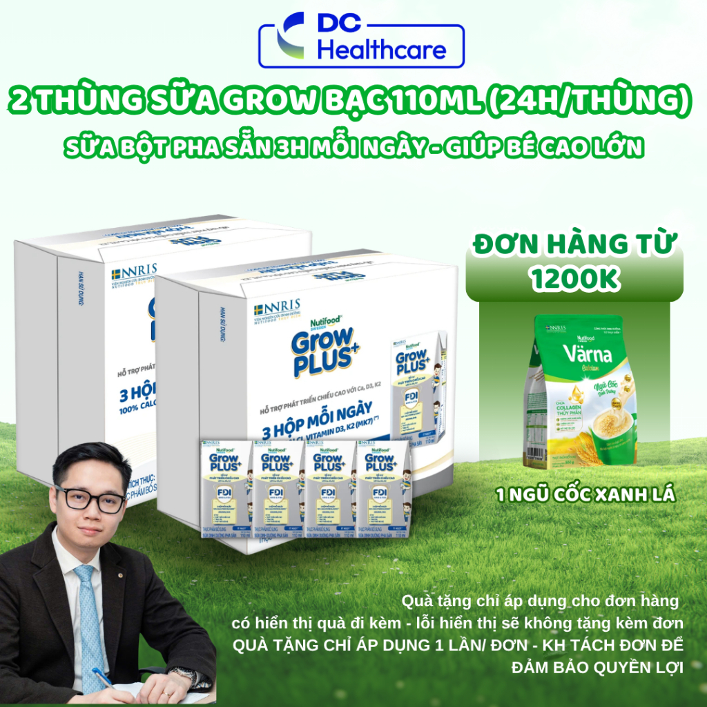 2 Thùng GROW BẠC 24 Hộp 110ml Sữa Dinh Dưỡng Nutifood GrowPLUS+ Cao Lớn Vượt Trội Hộp (Tổng 48 hộp  x 110ml)