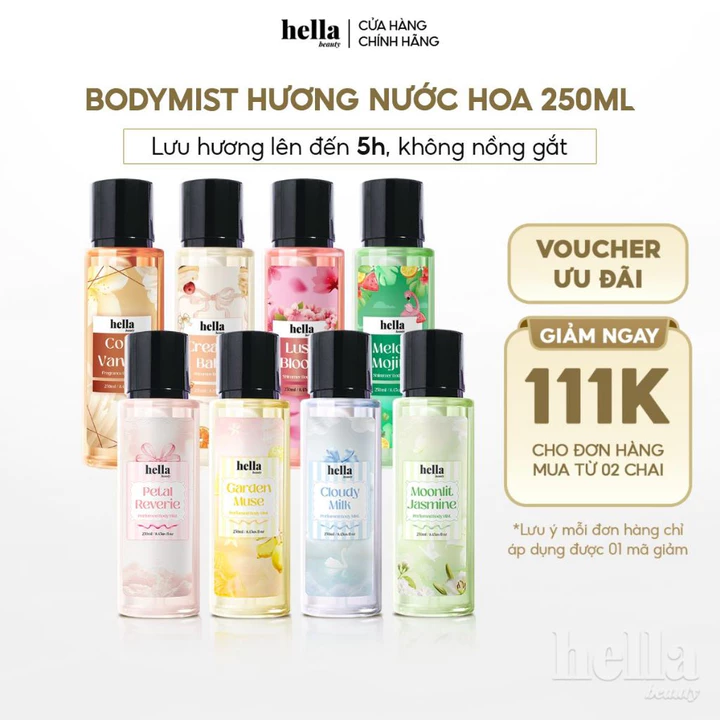 (MUA 2 GIẢM THÊM 111K) Xịt thơm body mist hương nước hoa Hella Beauty 250ml lưu hương lâu, an toàn cho da nhạy cảm