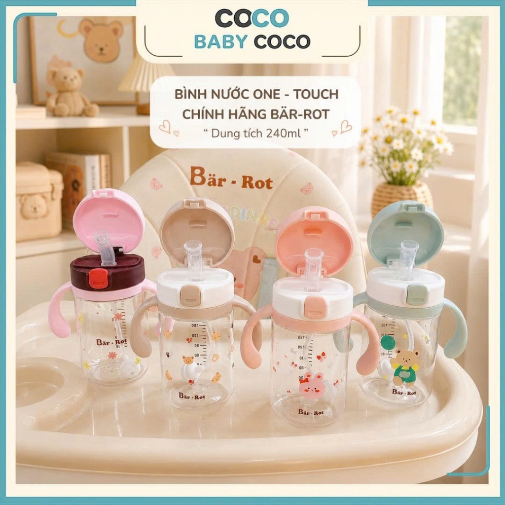 Bình nước One-touch chính hãng Bar-rot, bình có ống hút tập uống cho bé