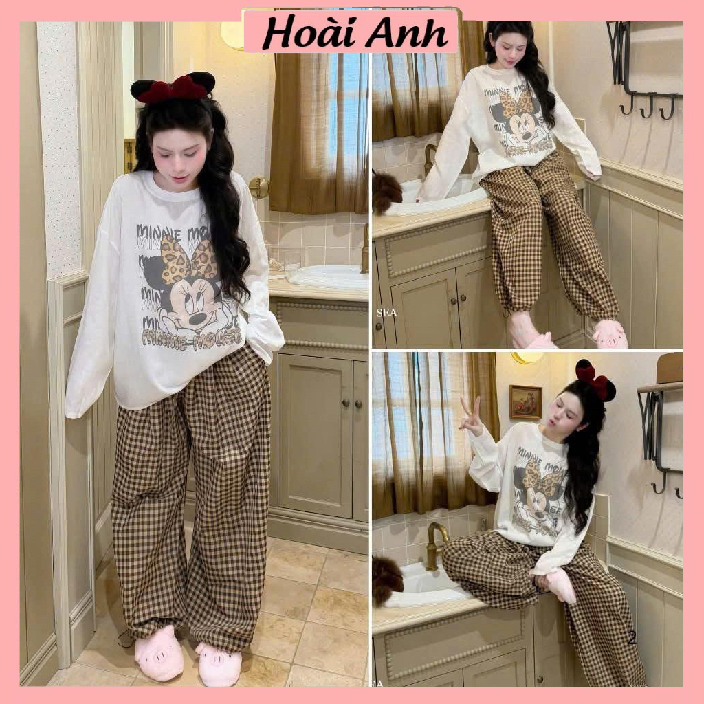 Set Bộ Đồ Nữ Áo Thun Giấy Trắng Dài Tay In Mickey Minnie Mouse Dài Tay Mix Quần Suông Dài Kẻ Caro Nâu Đen Ống Rộng