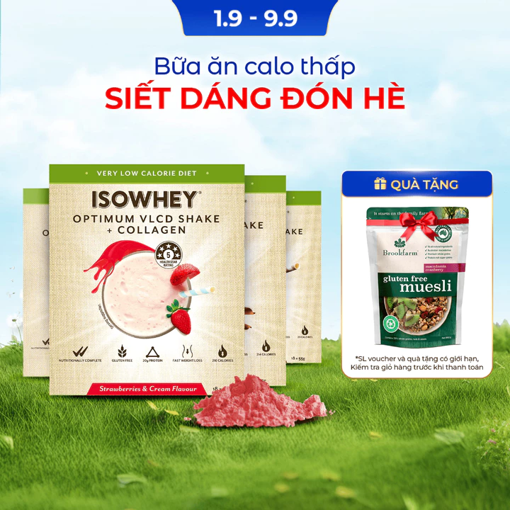 Bữa ăn thay thế calo thấp IsoWhey Optimum VLCD 4 vị bổ sung Collagen hỗ trợ đẹp da, hộp 18 gói