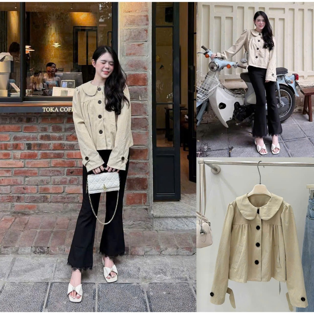 Áo khoác nữ A.892, Áo kaki cổ sen tay dài dáng babydoll khuy nâu trẻ trung tiểu thư - Shop Chấm Bi