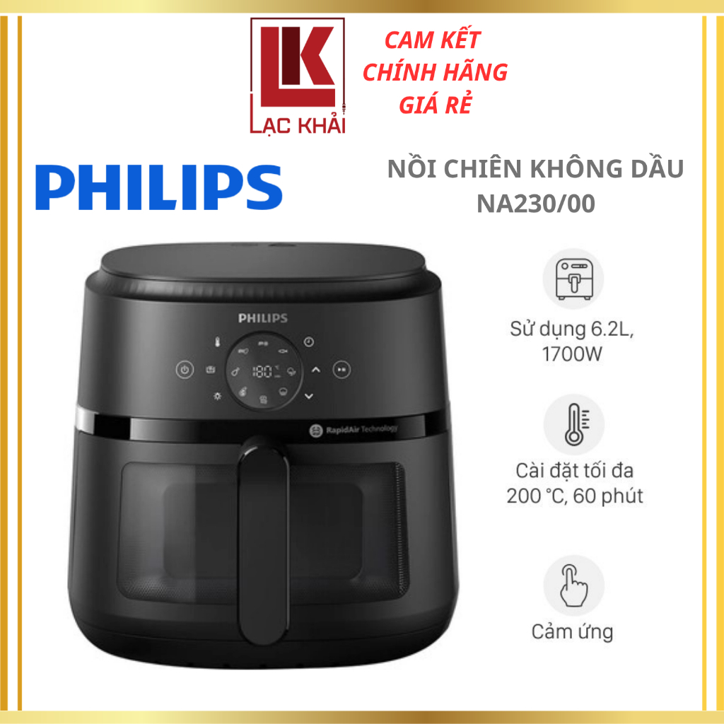 Nồi Chiên Không Dầu 6.2 lít PHILIPS NA230/00, Cửa Sổ Kính - Hàng Chính Hãng