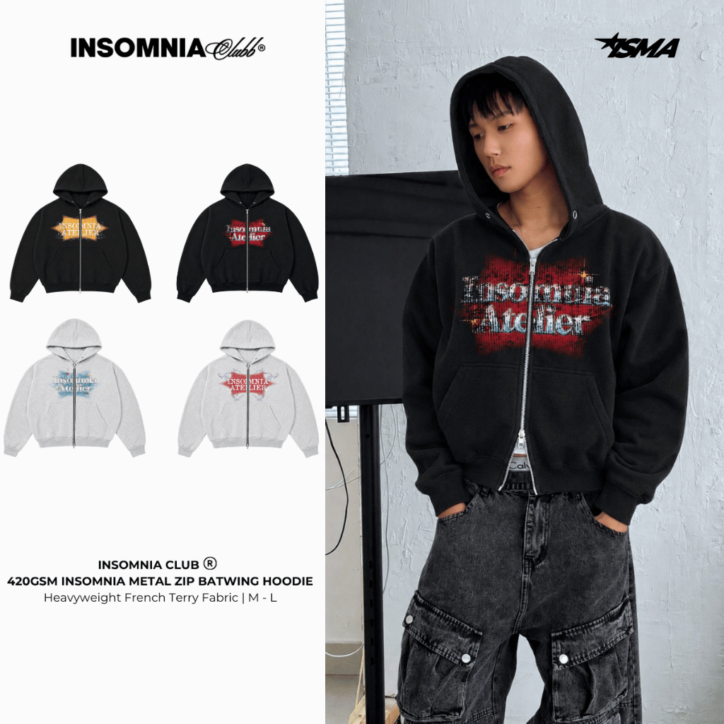 [NEW ARRIVAL]  Áo Khoác Hoodie Zip Nỉ Cua 420GSM In INSOMNIA  Khóa Kéo Kim Loại Form Boxy Cánh Dơi Unisex - HD018