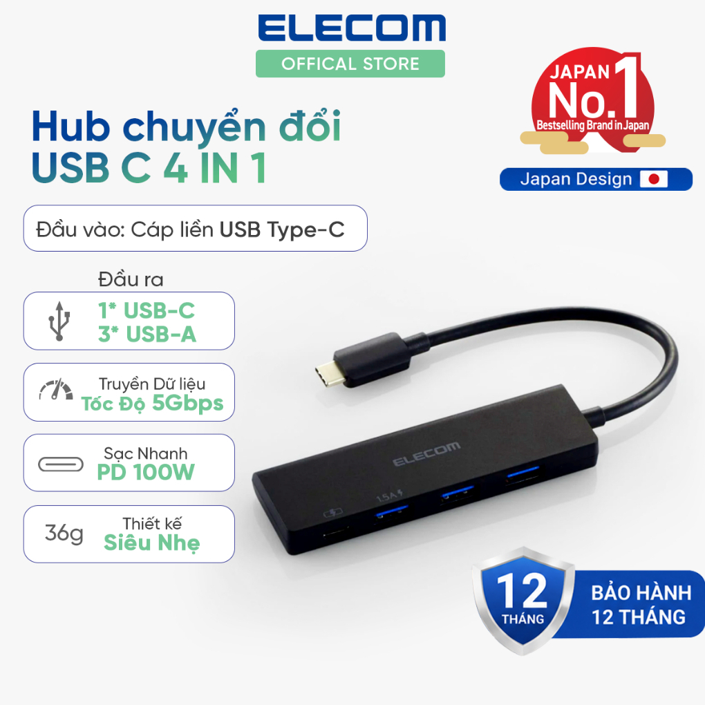 Hub chuyển đổi USB C Elecom, 4in1 đa năng, 3 cổng USB-A ,1 cổng Type-C, truyền siêu tốc độ 5Gbps, sạc nhanh PD 100W