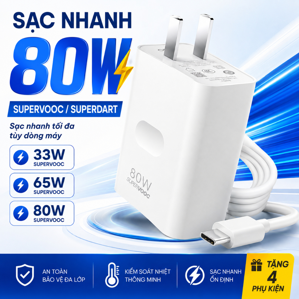 Sạc nhanh 80w hỗ trợ cho máy có báo sạc SUPER VOOC SUPER DART 80W tùy dòng máy, Củ cục sạc nhanh 80W đầu cắm sạc Usb | BigBuy360 - bigbuy360.vn