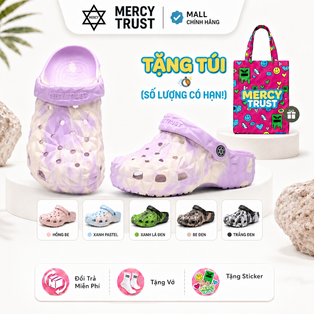[TẶNG TÚI TOTE] Kèm Sticker, Vớ - Dép Sục MERCY TRUST Kim Cương Marble Loang Màu Neono MC28 Nam Nữ