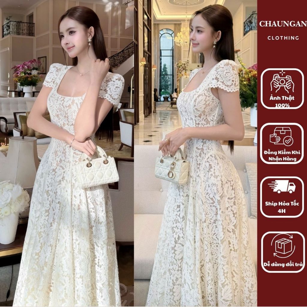 Đầm Ren Dài Cổ Vuông Tay Phồng Dáng A Xòe
