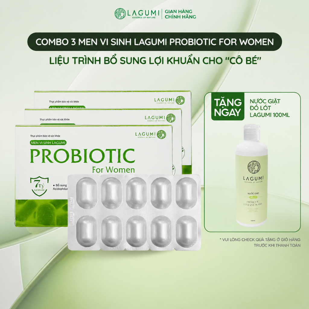 Dùng 1 tháng - Combo 3 Hộp Men Vi Sinh Phụ Nữ LAGUMI Giúp Giảm Viêm Nhiễm, Khí Hư, Nấm Ngứa, Mùi Hôi Cô Bé