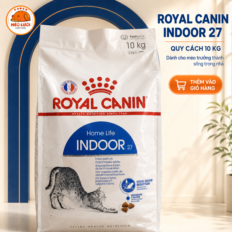 [10 kg] Thức Ăn Hạt Royal Canin Indoor 27 Cho Mèo Trưởng Thành 1–7 Tuổi Sống Trong Nhà, Hỗ Trợ Giảm Mùi Phân