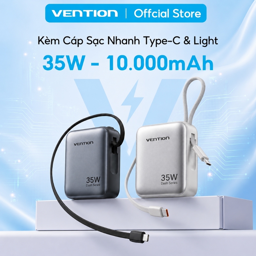 Pin Sạc Dự Phòng 10000mAh 35W Vention, Tích Hợp Cáp USB-C Và Light, Sạc Nhanh PD, Thiết Kế Nhỏ Gọn