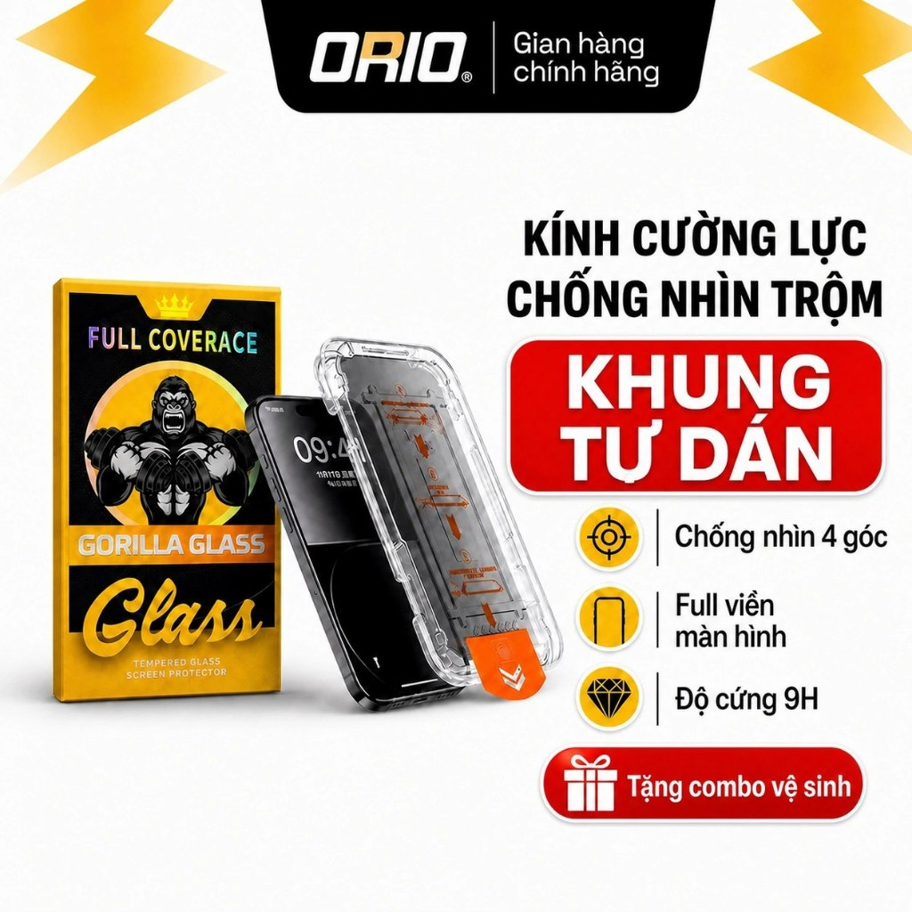 Kính Cường Lực iPhone Khung Tự Dán Lọc Bụi Hạn Chế Vân Tay Full Viền Màn Hình Độ Cứng 9H ORIO