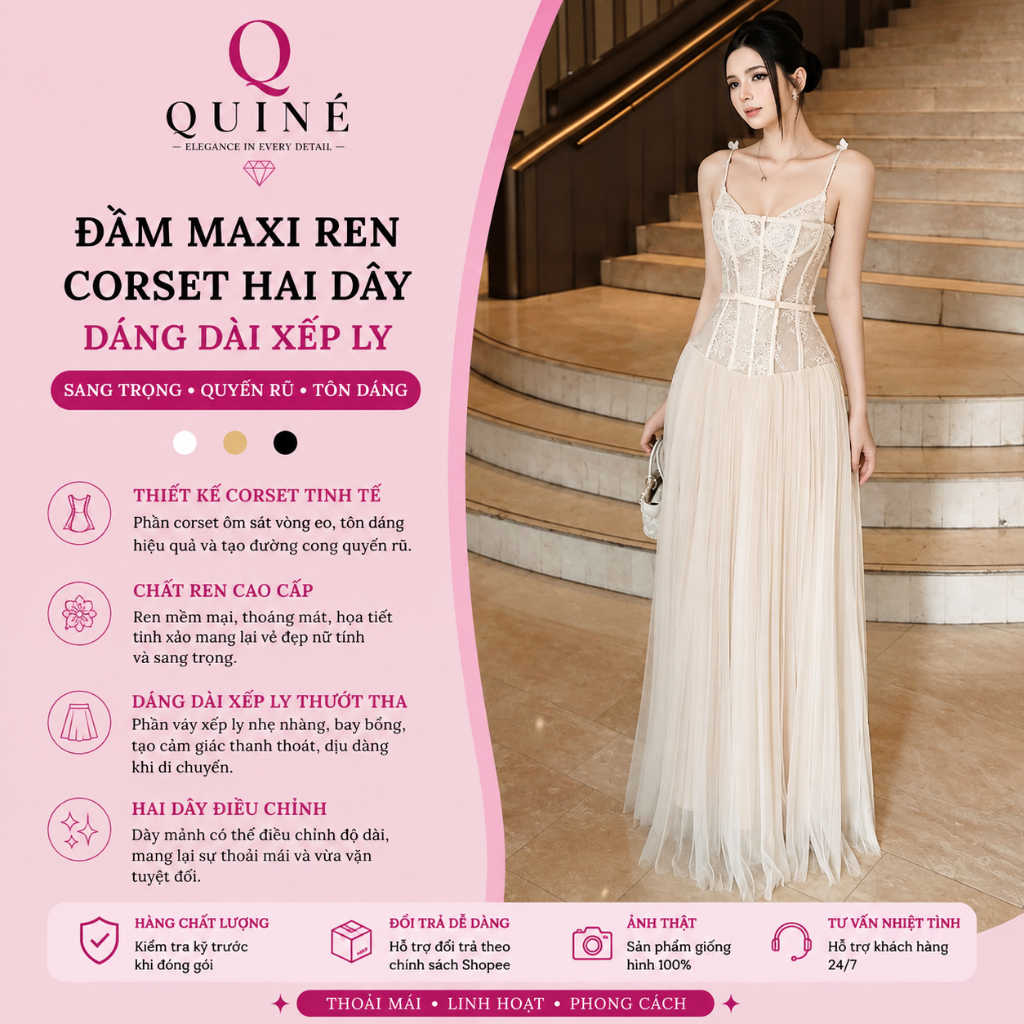 Đầm Maxi Ren Corset Hai Dây Dáng Dài Xếp Ly – Váy Dự Tiệc Cao Cấp Thanh Lịch Tiểu Thư Tôn Dáng Sang Trọng