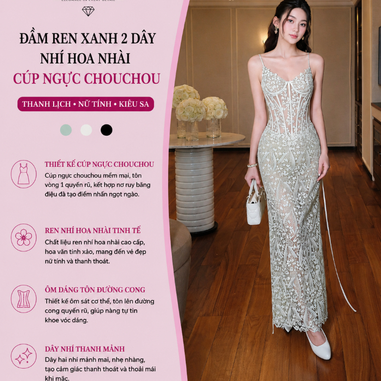 Đầm Ren Xanh 2 Dây Nhí Hoa Nhài Cúp Ngực Chouchou – Váy Hoa Nữ Tính Tiểu Thư Dáng Xòe Tôn Dáng Sang Trọng