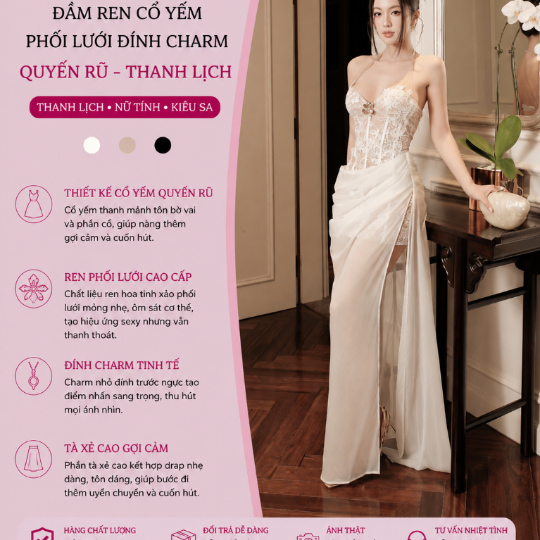 Đầm Ren Cổ Yếm Phối Lưới Đính Charm Sang Chảnh – Váy Dự Tiệc Cao Cấp Nữ Tính Quyến Rũ Tôn Dáng Thời Thượng