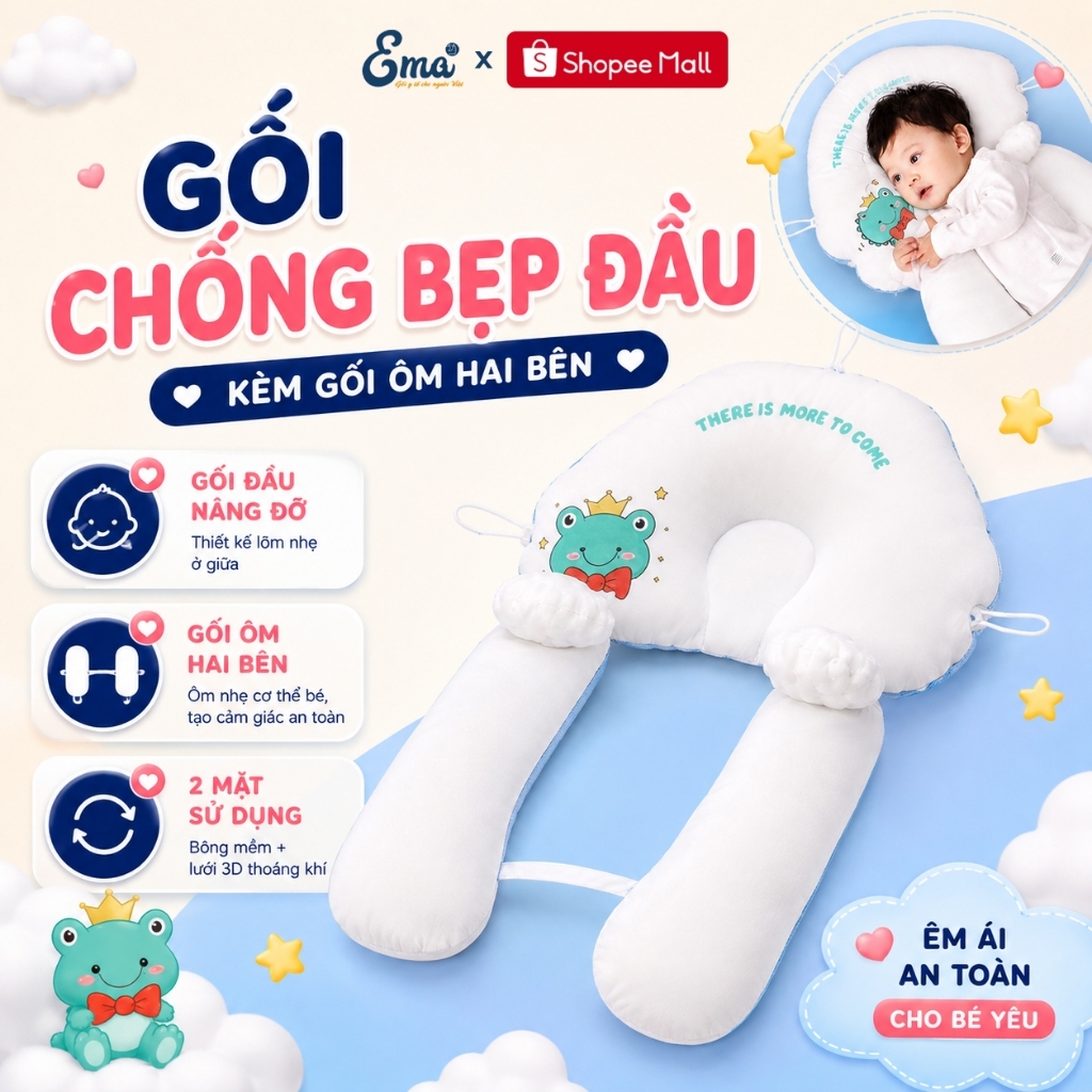 Gối Chống Bẹp Đầu Cho Bé EMA Kèm Gối Chặn Chống Lật, Gối Ôm Cho Trẻ Sơ Sinh Định Hình Tránh Méo Đầu