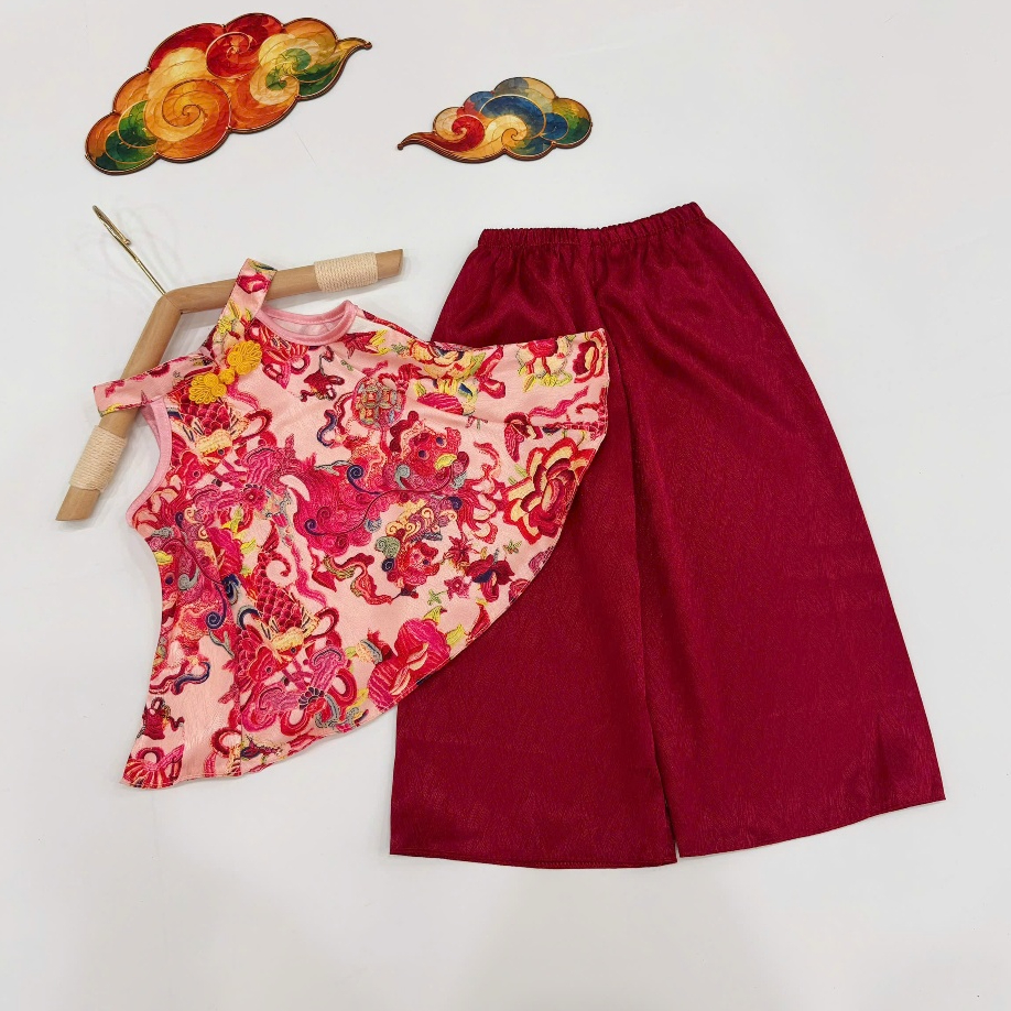 NGỌC KIDS Set bộ yếm GẤM Trung Thu Hạc Vũ cho bé gái 6-24kg