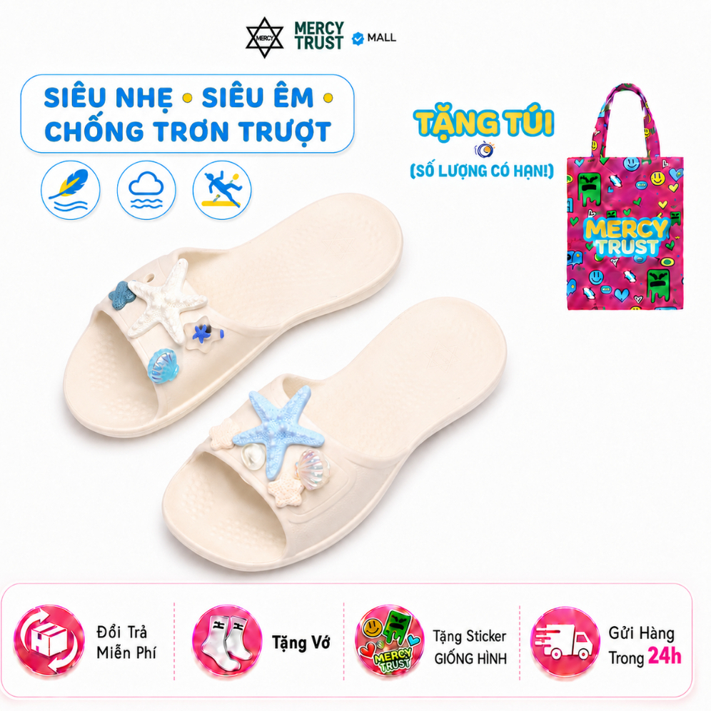 TẶNG Túi Tote, Sticker Giống Hình, Vớ - MC26- Dép Quai Ngang Nữ MERCY TRUST Charm Sao Biển Vỏ Sò – Dép Đúc Nguyên Khối