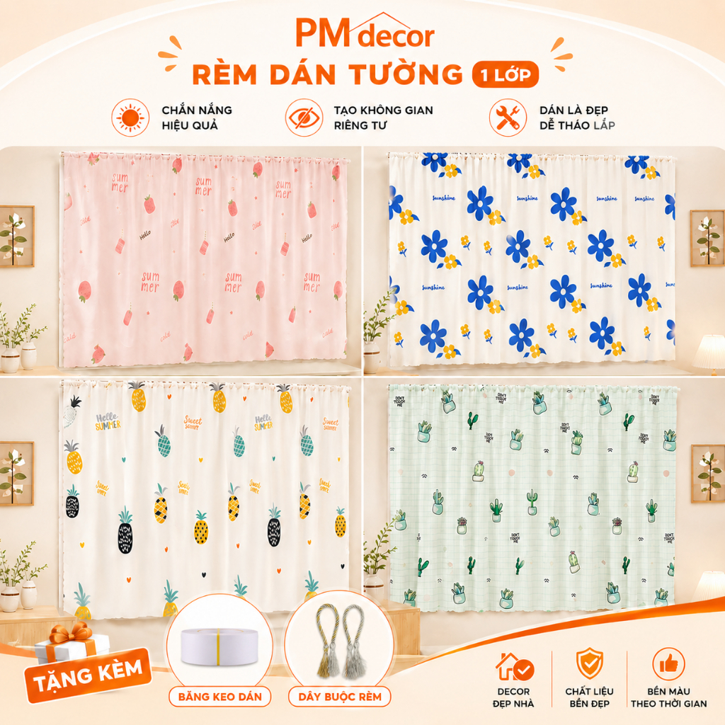 Rèm cửa dán tường 1 lớp mẫu siêu đẹp, chống nắng hiệu quả, không cần khoan đục, tặng sẵn keo
