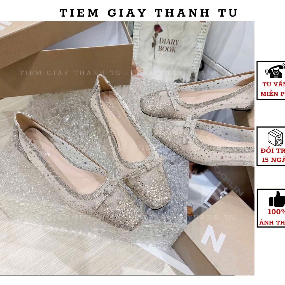 80 [tiengiaythanhtu] Giày búp bê nữ mũi vuông đính đá lấp lánh đính nơ thời trang lưới phối nhũ hàng QC Fullbox