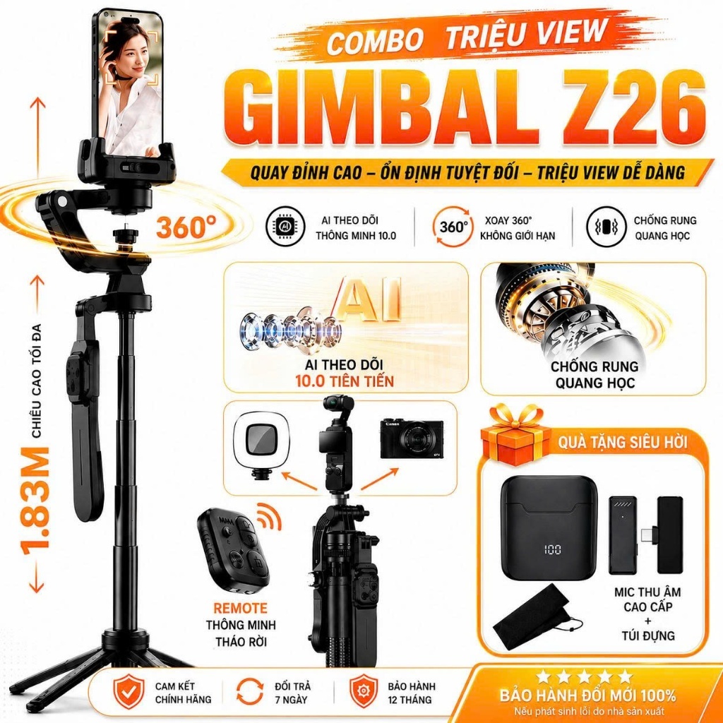 Gimbal Z26 - Gymbal điện thoại quay phim chống rung hỗ trợ quay phim, chụp ảnh chuyên nghiệp xoay 360 độ có đèn Led