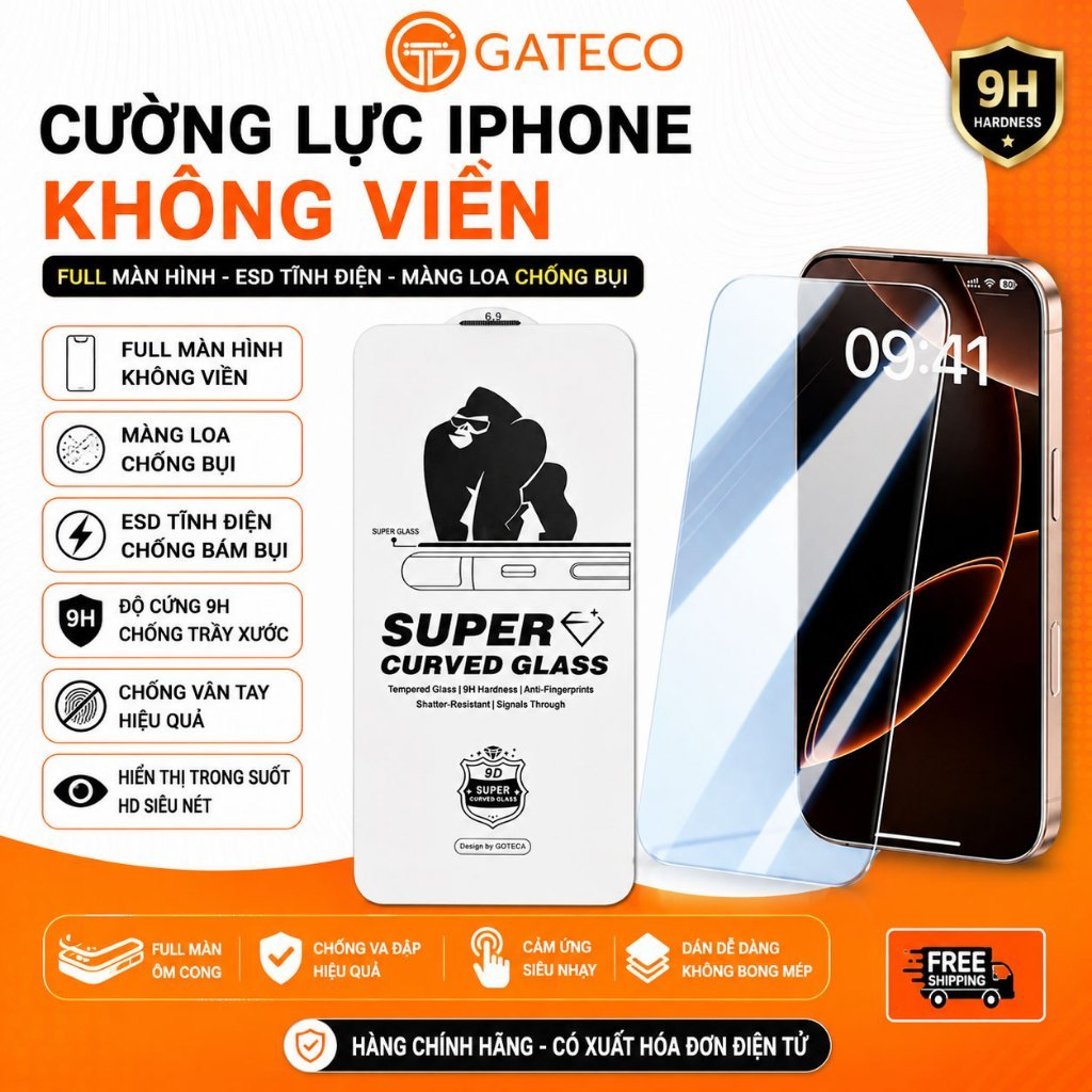 Kính Cường Lực KingKong Không Viền Full màn cho iPhone 16 pro max 17 18 Pro max 15 pro max 14 13 12 11 Xr Xsmax [KV]