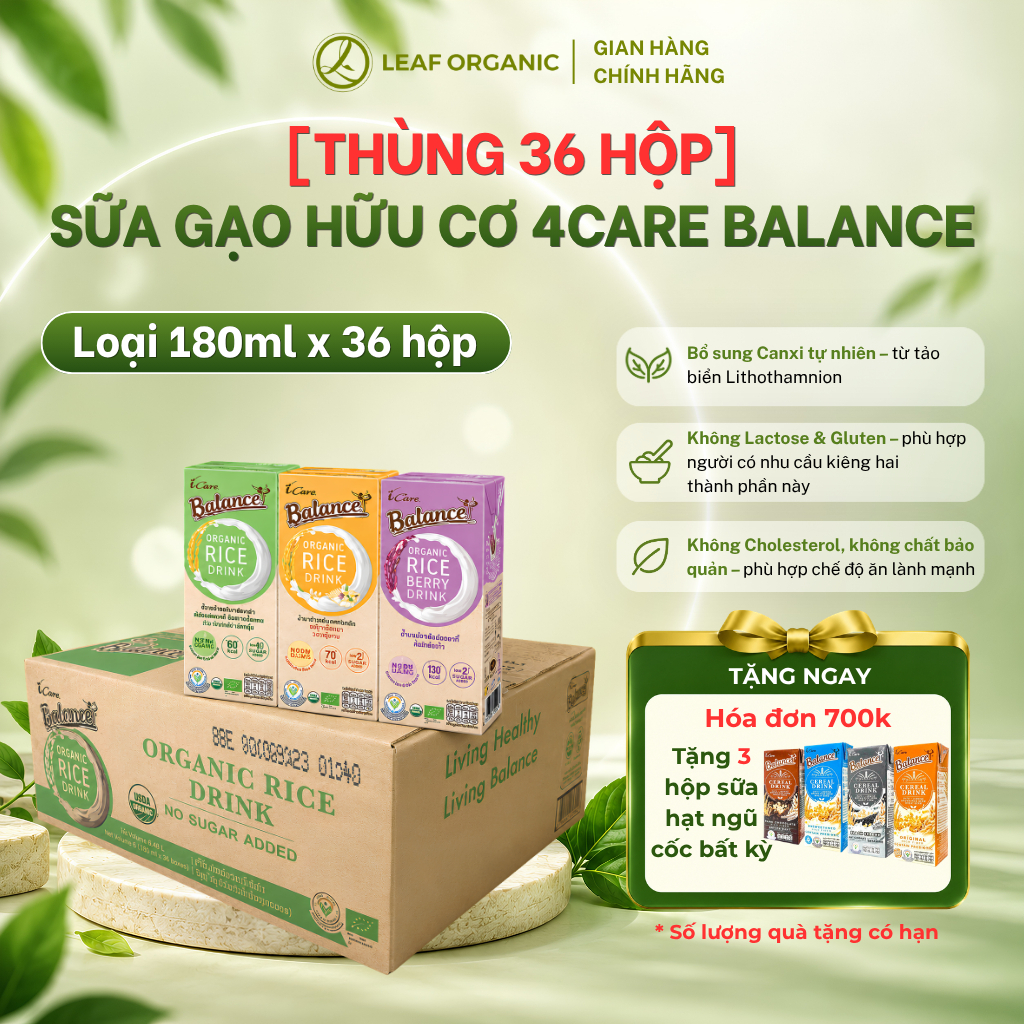 Thùng 36 hộp sữa gạo hữu cơ 4Care Balance, có mix vị
